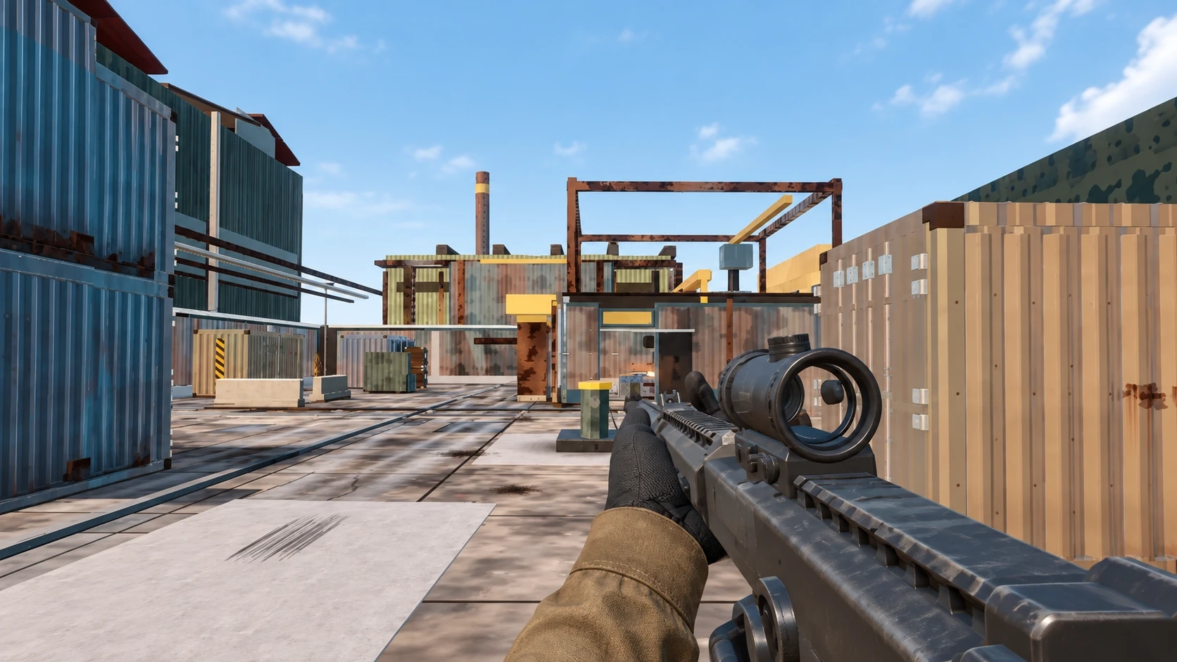 Front Line promotional artwork of a rifle overlooking Cast Yard in daylight