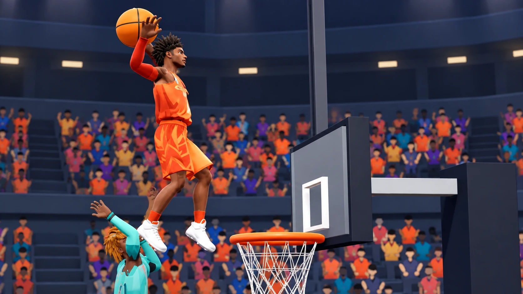 ClashJam promotional artwork: an orange-uniformed player rises over a teal defender for a dunk in a brightly lit arena