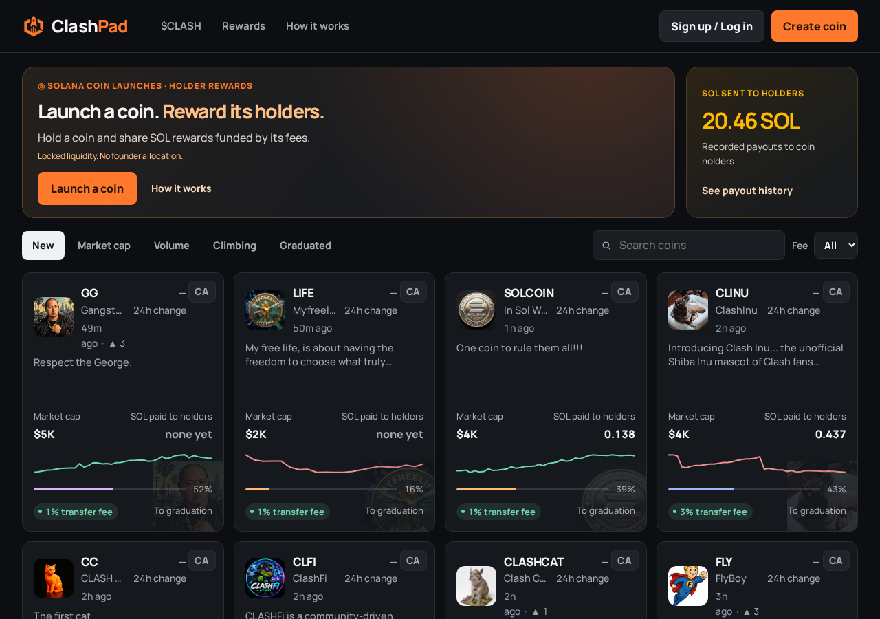 ClashPad homepage showing newly launched tokens, artwork, trading charts, and holder rewards