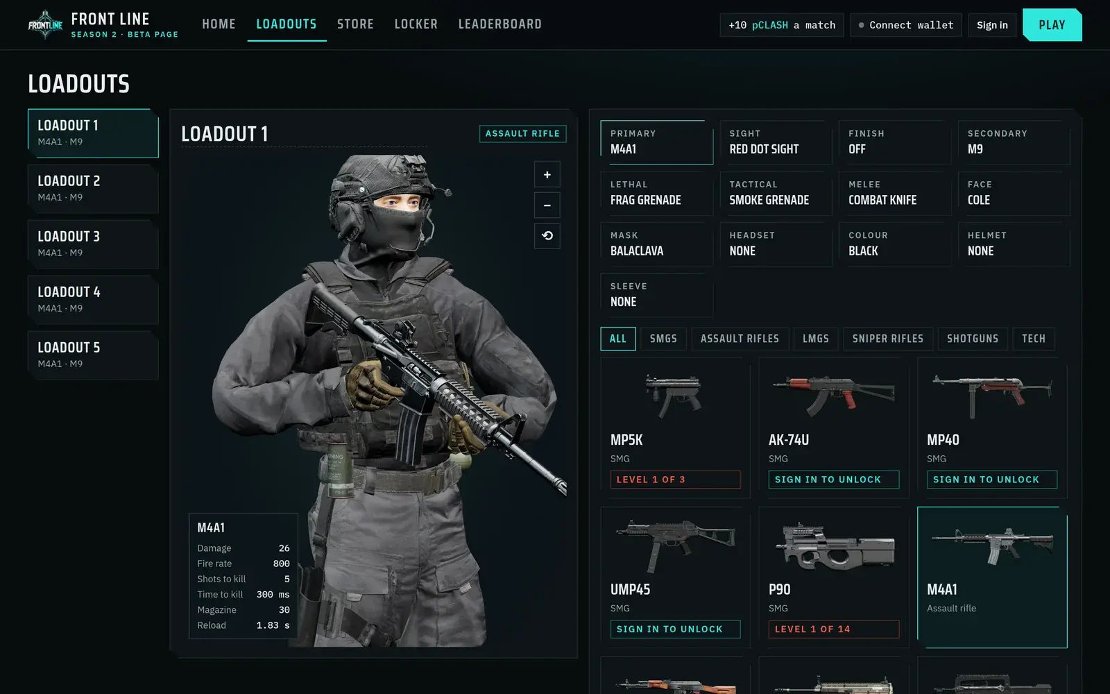 The Front Line loadout screen: a soldier with an M4A1, the loadout slots, and the weapon list