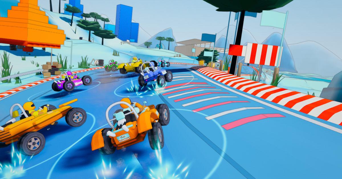 Six toon karts race an icy blue Clash Kart circuit, trailing blue boost sparks