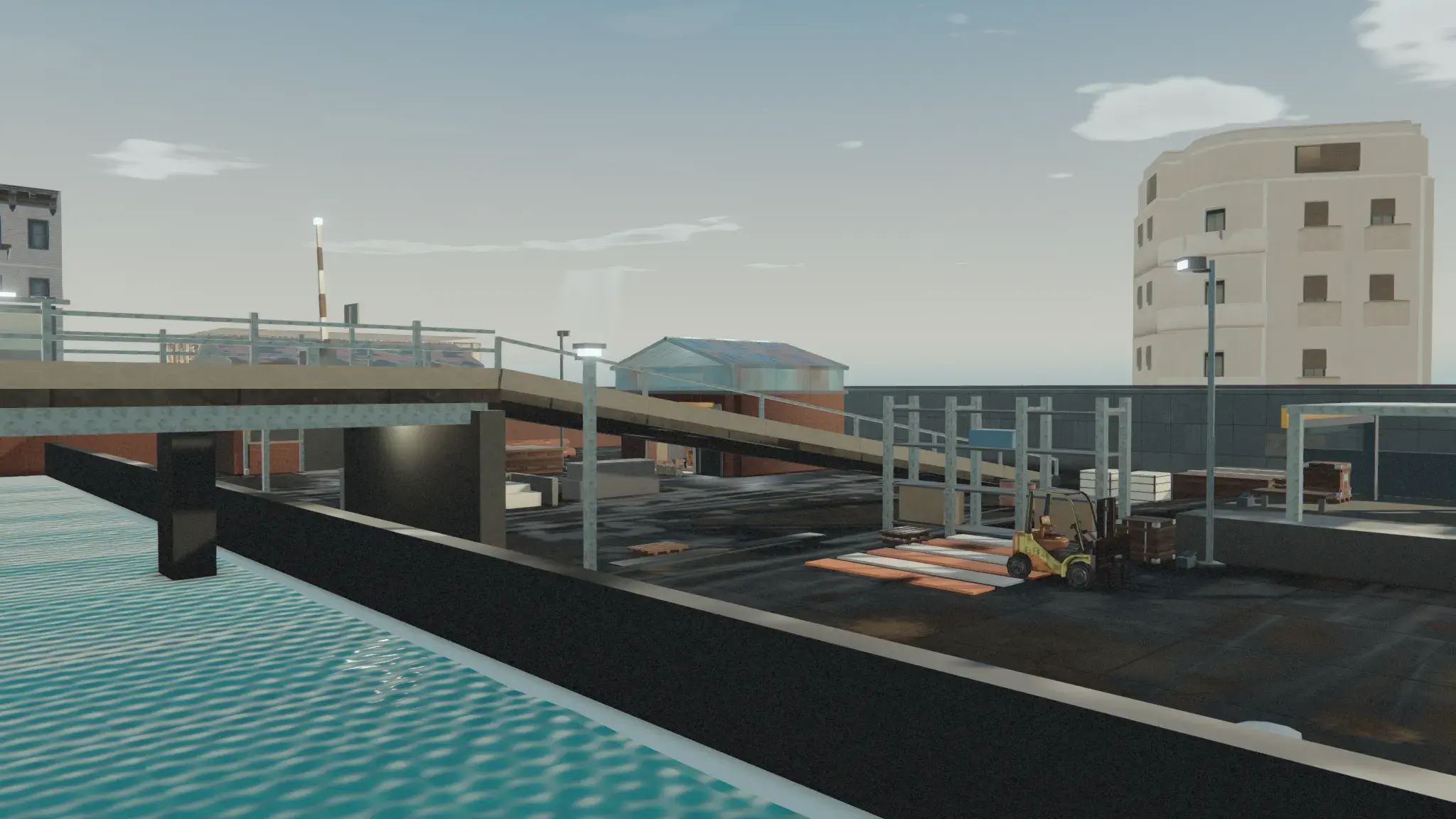 Pier Stack — Rotterdam canal edge, establishing view